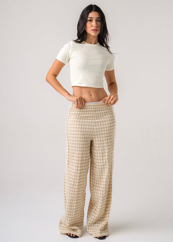 LACE-TRIM CHECKED PANTS - BROWN